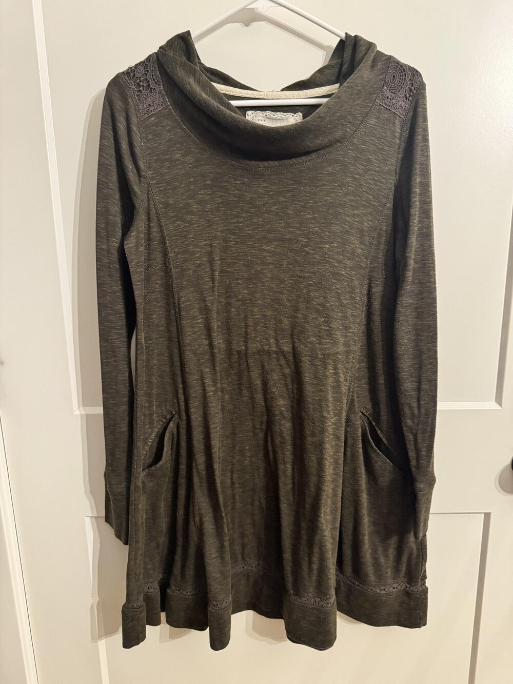 Saturday Sunday Tunic Top Dress Sz M Green Cowl Neck Crochet LagenLook Boho Soft